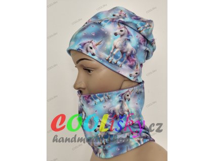 Dívčí čepice s nákrčníkem jednorožci