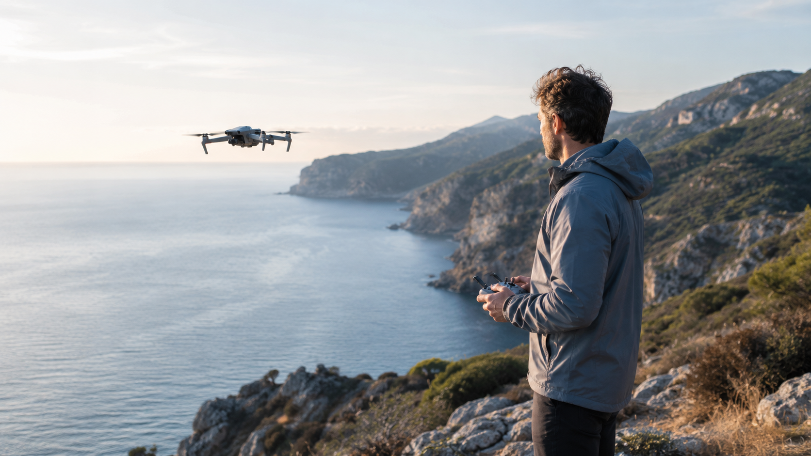 Pilot ovládající dron nad mořem a skalnatým pobřežím