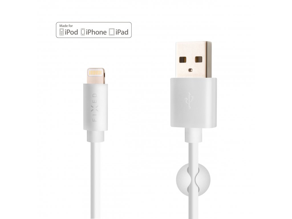 Dlouhý datový a nabíjecí kabel FIXED s konektory USB/Lightning, 2 metry, MFI certifikace, 12W, bílý