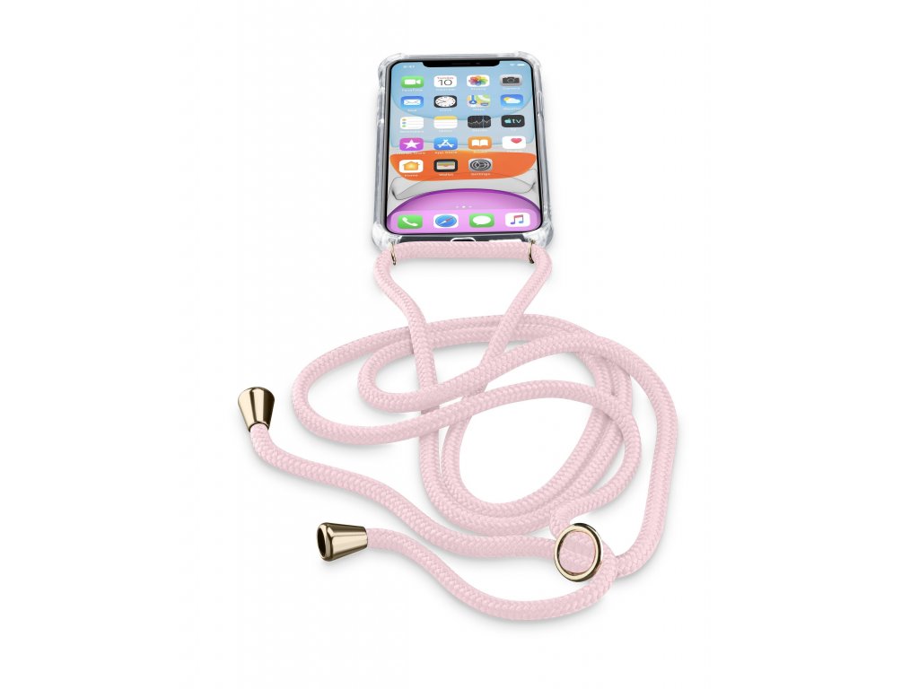 Transparentní zadní kryt Cellularline Neck-Case s růžovou šňůrkou na krk pro Apple iPhone 11