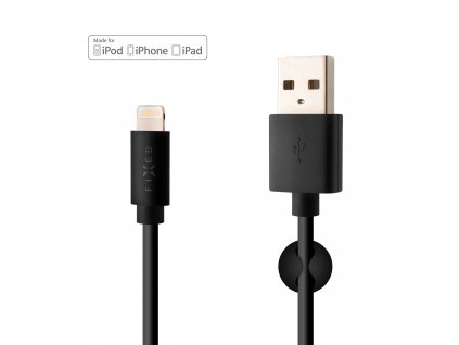 Dlouhý datový a nabíjecí kabel FIXED s konektory USB/Lightning, 2 metry, MFI certifikace, 12W, černý