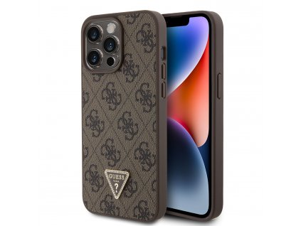 Guess PU 4G Strass Triangle Metal Logo Zadní Kryt pro iPhone 15 Pro Max Brown