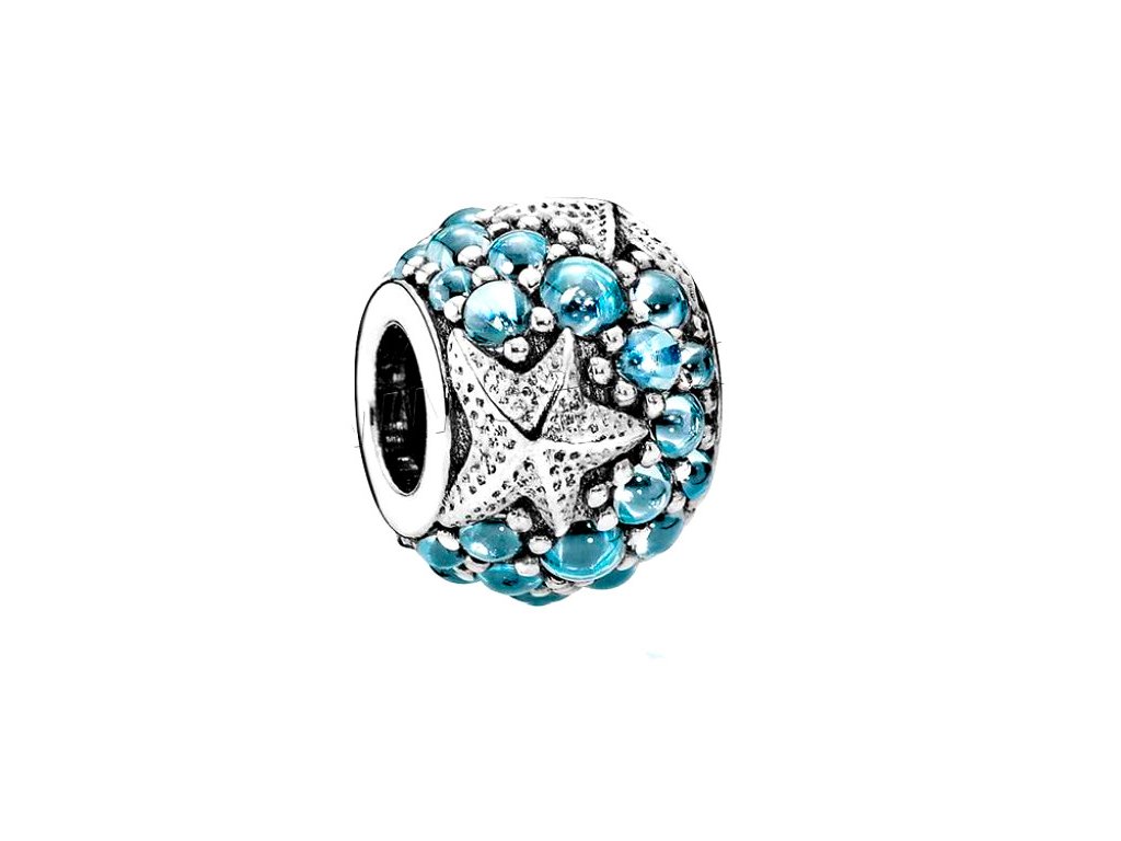 Metal bead with rhinestones - blue, 9x12 mm, antique silver color