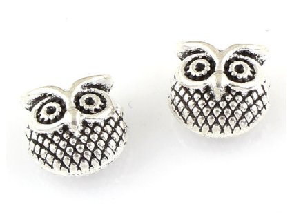 Kovový korálek sova 11x11x8 mm, barva starostříbro