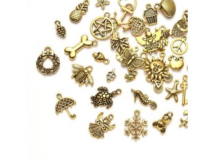 Kovové prívesky, mix 9-26 mm, farba starozlato