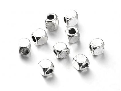 6614 1 kovovy koralek kosticka 4x4 mm barva starostribro