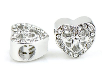 Metal bead with rhinestones, heart-shaped - 11x12 mm, silver color