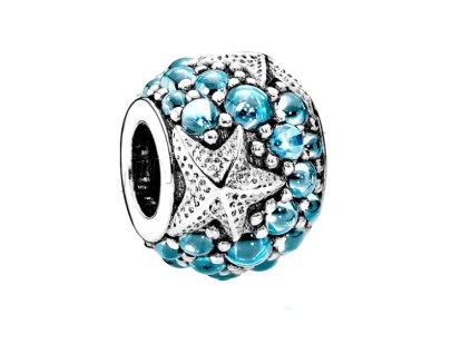 Metal bead with rhinestones - blue, 9x12 mm, antique silver color