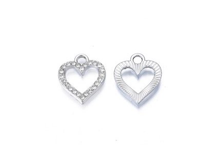 Kovový prívesok srdiečko so šatónmi–kryštál, 17x15x2 mm, farba platina