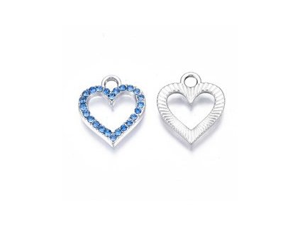 Metal heart pendant with rhinestones - blue, 17x15x2 mm, platinum color