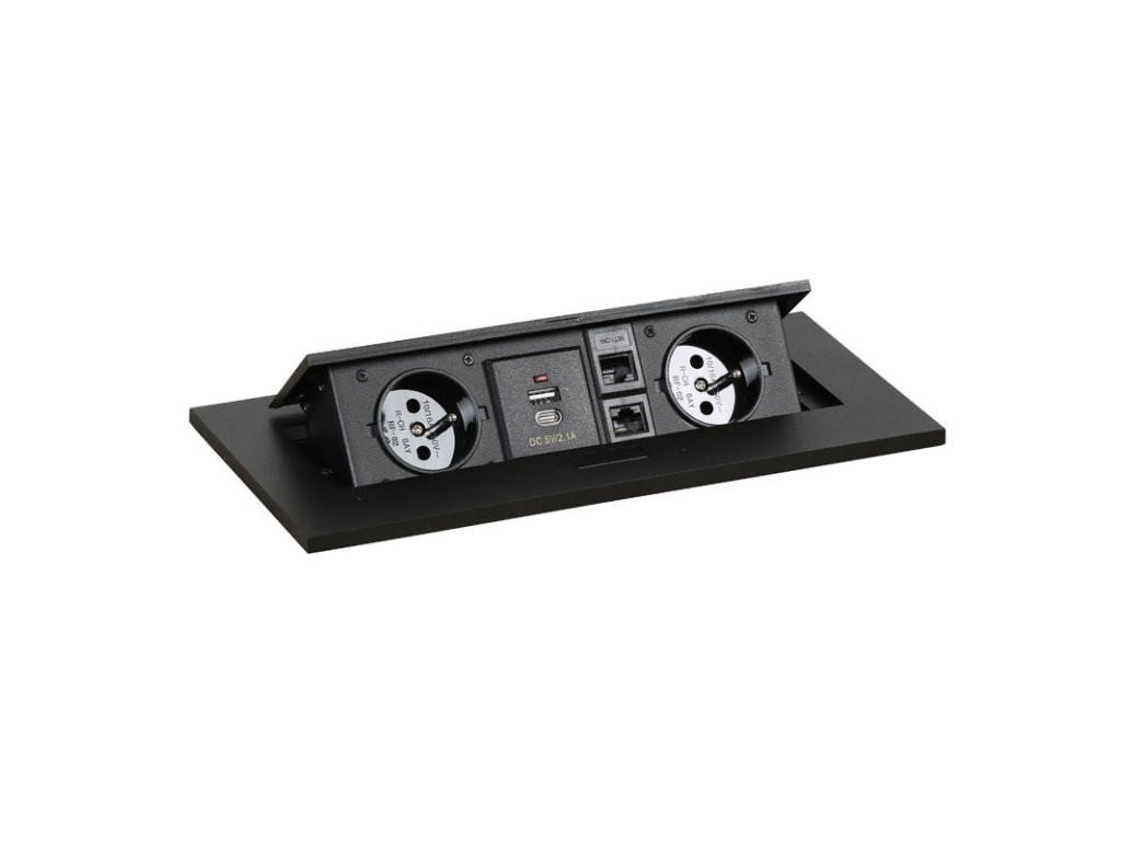 zasuvkovy box typ ii vyklopny 2x zasuvka usb a usb c 2x rj45 port cerna 35998