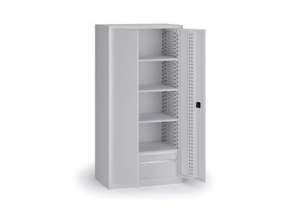 policova dilenska skrin na naradi kovos perforovany panel 4 police 2 zasuvky 950 x 600 x 1950 mm seda 139699