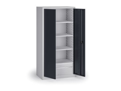 policova dilenska skrin na naradi kovos perforovany panel 4 police 2 zasuvky 950 x 600 x 1950 mm grafit 140063