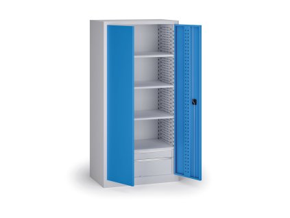 policova dilenska skrin na naradi kovos perforovany panel 4 police 2 zasuvky 950 x 600 x 1950 mm modra 140061