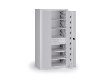 policova dilenska skrin na naradi kovos perforovany panel 5 polic 2 zasuvky 950 x 600 x 1950 mm seda 139707