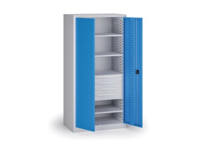 policova dilenska skrin na naradi kovos 4 police 4 zasuvky perforovana 950 x 600 x 1950 mm modra 140075