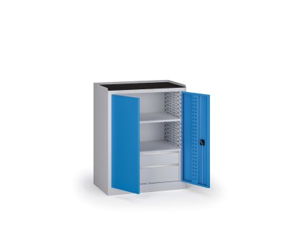 dilenska skrin nizka na naradi kovos 2 police 2 zasuvky 950 x 600 x 1180 mm modra 140096