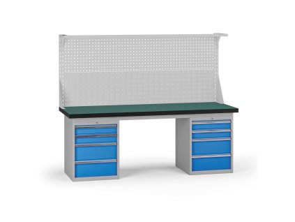 pracovni stul do dilny g8 s nastavbou 2100 x 750 x 800 mm 2x kontejner 8 zasuvek modra 138141