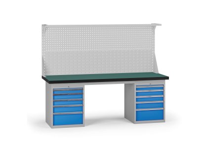 pracovni stul do dilny g8 s nastavbou 2100 x 750 x 800 mm 2x kontejner 10 zasuvek modra 138138