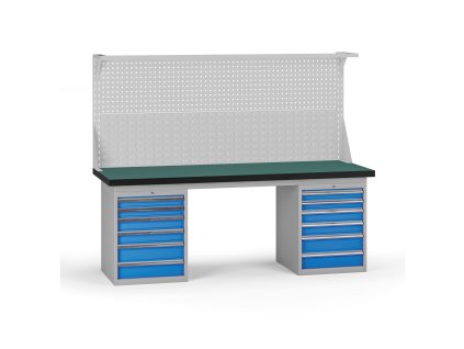 pracovni stul do dilny g8 s nastavbou 2100 x 750 x 800 mm 2x kontejner 12 zasuvek modra 138122