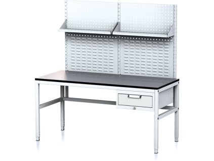 nastavitelny dilensky stul mechanic ii s perfopanelem a policemi 1 zasuvkovy box na naradi 1600x700x745 985 mm seda seda 18024