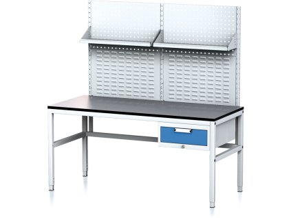 nastavitelny dilensky stul mechanic ii s perfopanelem a policemi 1 zasuvkovy box na naradi 1600x700x745 985 mm seda modra 18026