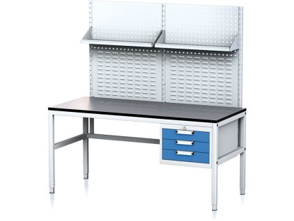 nastavitelny dilensky stul mechanic ii s perfopanelem a policemi 3 zasuvkovy box na naradi 1600x700x745 985 mm seda modra 17995