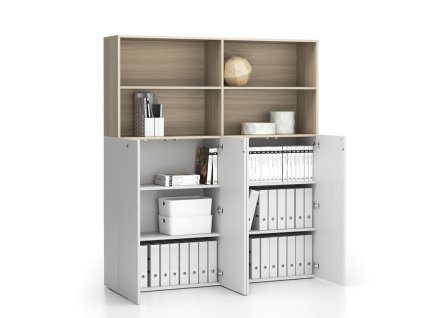 dvojita kancelarska policova skrin 2 dverova segment uzamykatelna 8 polic bila dub prirodni 23993