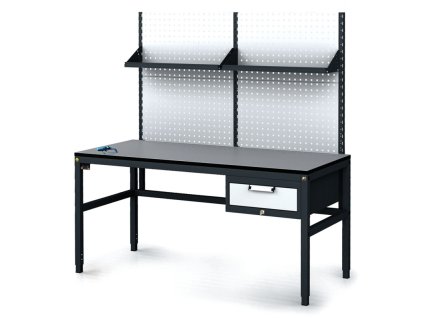 antistaticky dilensky esd stul s perfopanelem a policemi 1 zasuvkovy box na naradi 1600x800x745 985 mm 35190