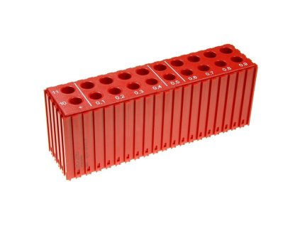 plastovy box pro ukladani vrtaku o prumeru 10 11 9 mm modul 20x5 20 dutin cervena 35620