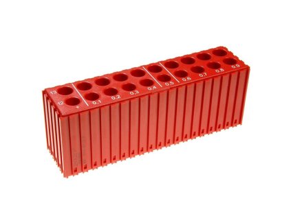 plastovy box pro ukladani vrtaku o prumeru 12 13 9 mm modul 20x5 20 dutin cervena 35621