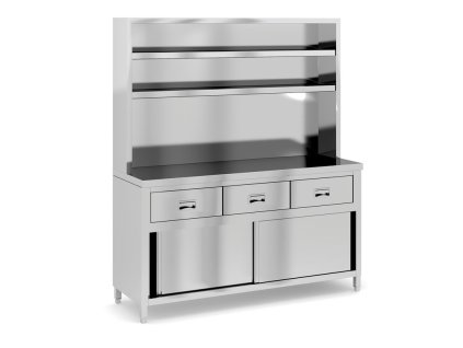 nerezovy pracovni stul se skrinkou zasuvkami a policemi 1800 x 700 x 1850 mm 48563