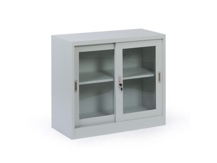 kovova policova skrin s prosklenymi posuvnymi dvermi demontovana 900 x 800 x 400 mm 114697