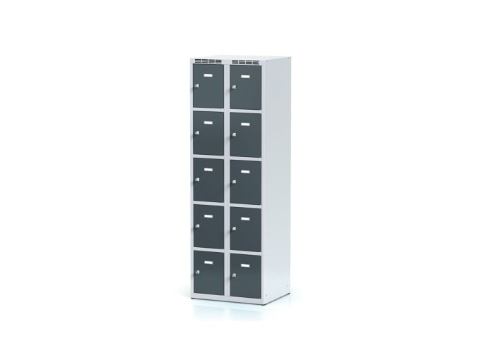 Šatní skříňka s úložnými boxy, 10 boxů, 1800 x 600 x 500 mm, cylindrický zámek, tmavě šedé dveře