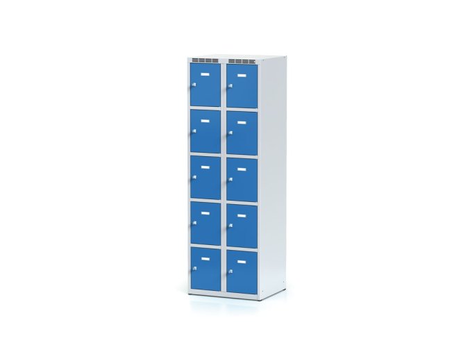 Šatní skříňka s úložnými boxy, 10 boxů, 1800 x 600 x 500 mm, cylindrický zámek, modré dveře