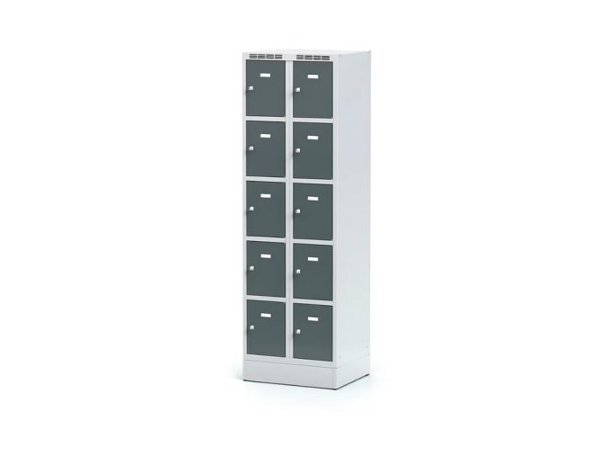 satni skrinka s uloznymi boxy na soklu 10 boxu 1920 x 600 x 500 mm cylindricky zamek tmave sede dvere 125913