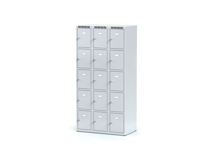 Šatní skříňka s úložnými boxy, 15 boxů, 1800 x 900 x 500 mm, cylindrický zámek, šedé dveře