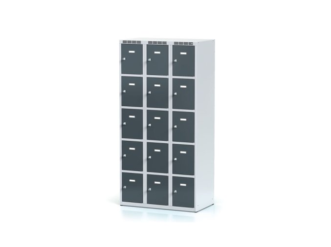 Šatní skříňka s úložnými boxy, 15 boxů, 1800 x 900 x 500 mm, cylindrický zámek, tmavě šedé dveře