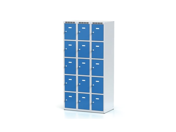 Šatní skříňka s úložnými boxy, 15 boxů, 1800 x 900 x 500 mm, otočný zámek, modré dveře