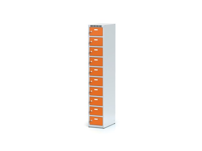 Šatní skříňka s úložnými boxy, 10 boxů, 1800 x 300 x 500 mm, cylindrický zámek, oranžové dveře