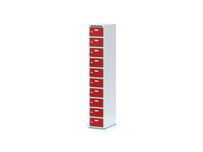 Šatní skříňka s úložnými boxy, 10 boxů, 1800 x 300 x 500 mm, cylindrický zámek, červené dveře