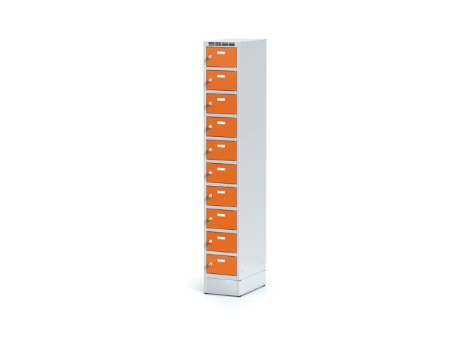 Šatní skříňka s úložnými boxy na soklu, 10 boxů, 1920 x 300 x 500 mm, cylindrický zámek, oranžové dveře