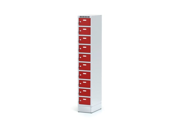 Šatní skříňka s úložnými boxy na soklu, 10 boxů, 1920 x 300 x 500 mm, cylindrický zámek, červené dveře