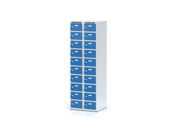 Šatní skříňka s úložnými boxy, 20 boxů, 1800 x 600 x 500 mm, cylindrický zámek, modré dveře