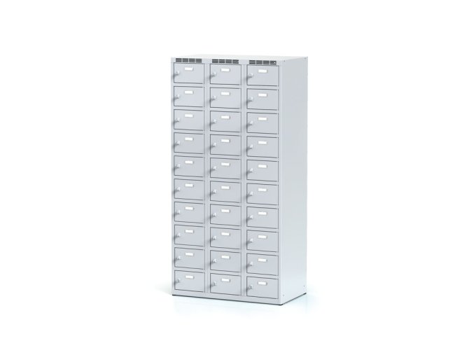 Šatní skříňka s úložnými boxy, 30 boxů, 1800 x 900 x 500 mm, otočný zámek, šedé dveře