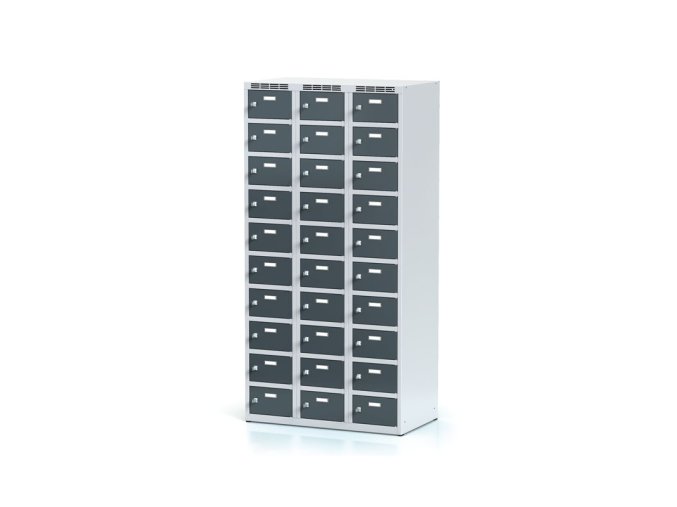 Šatní skříňka s úložnými boxy, 30 boxů, 1800 x 900 x 500 mm, otočný zámek, tmavě šedé dveře