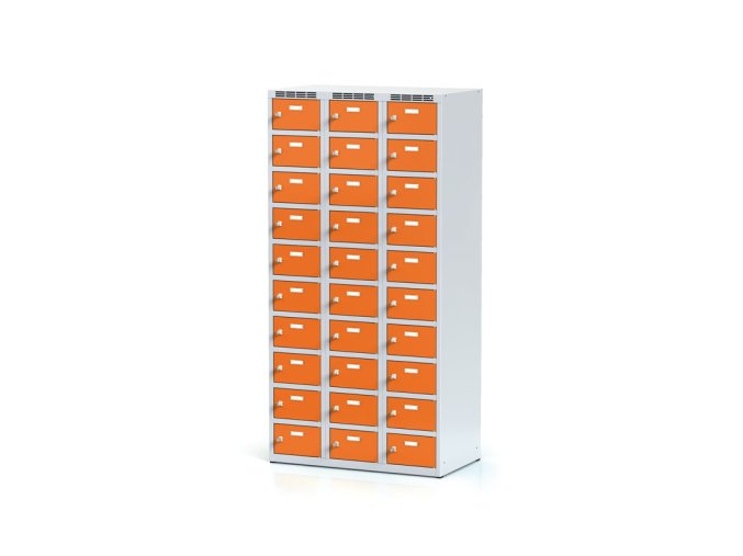 Šatní skříňka s úložnými boxy, 30 boxů, 1800 x 900 x 500 mm, otočný zámek, oranžové dveře