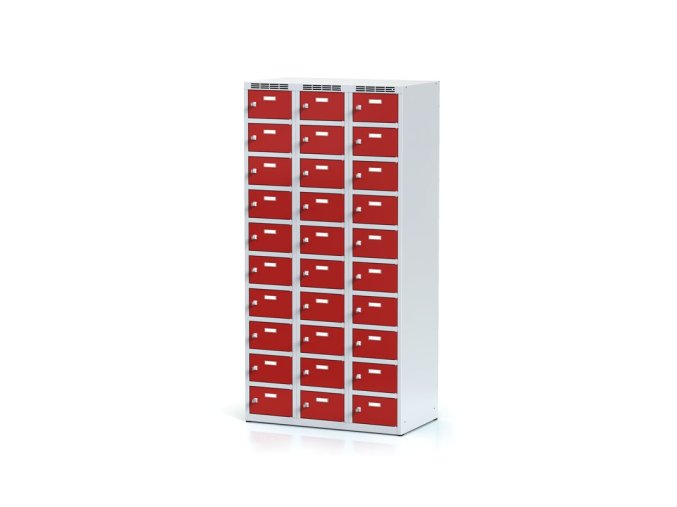 Šatní skříňka s úložnými boxy, 30 boxů, 1800 x 900 x 500 mm, cylindrický zámek, červené dveře