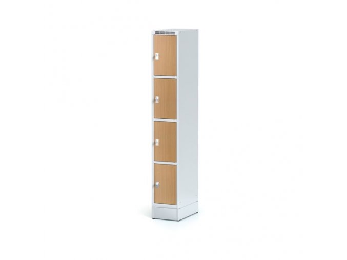 Šatní skříňka na soklu s úložnými boxy, 4 boxy 300 mm, laminované dveře buk, otočný zámek