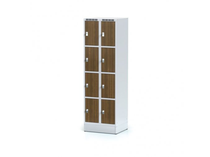 Šatní skříňka na soklu s úložnými boxy, 8 boxů 300 mm, laminované dveře ořech, cylindrický zámek